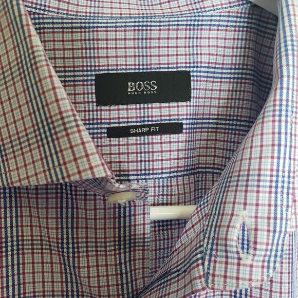 Boss Hugo Boss blue white  check plaid button down career shirt size 16.5 35/35 - Picture 4 of 8